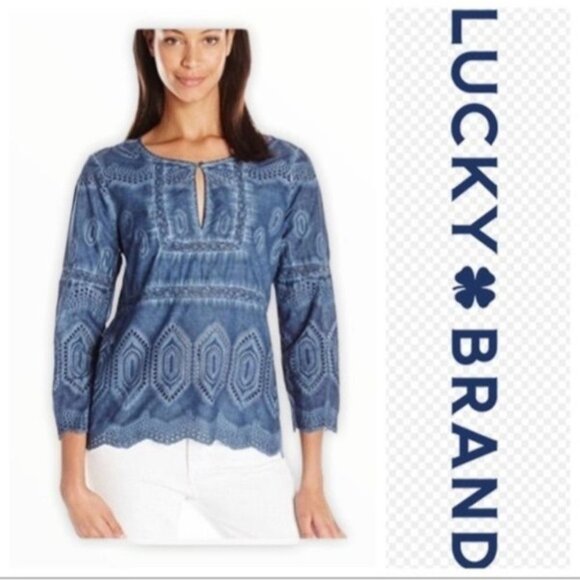 Lucky Brand Schiffley Chambray Blouse Women Small Scalloped Hem Keyhole Boho - Picture 1 of 11